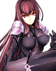 Rule 34 | 1girl, armor, bodysuit, breasts, breasts apart, brown hair, covered erect nipples, fate/grand order, fate (series), hair between eyes, highres, large breasts, long hair, nuebiimu, parted lips, red eyes, scathach (fate), scathach (fate), shoulder armor, simple background, sitting, solo, pauldrons, very long hair, white background