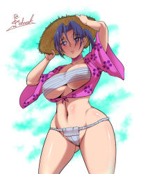 Rule 34 | 1girl, arms up, artist name, bandages, blue sky, breasts, choker, cleavage, closed mouth, cloud, collarbone, commentary request, covered erect nipples, cowboy shot, cropped legs, crotch, eyebrows, fishneak, floral print, fundoshi, gluteal fold, groin, hair between eyes, hands on headwear, hat, japanese clothes, kousaka shigure, large breasts, long hair, looking at viewer, navel, pink choker, ponytail, print shirt, purple eyes, purple hair, sarashi, shijou saikyou no deshi ken&#039;ichi, shirt, signature, sky, solo, standing, straw hat, sun, sunlight, sweat, sweatdrop, tied shirt, tree, underboob, underwear, white background