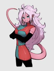 Rule 34 | 1girl, android 21, blue eyes, breasts, checkered clothes, checkered dress, colored skin, crossed arms, dragon ball, dragon ball fighterz, dress, earrings, grey background, hair between eyes, hoop earrings, jewelry, kemachiku, long hair, looking at viewer, majin android 21, medium breasts, pink hair, pink skin, simple background, solo, tail