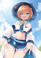 Rule 34 | 1girl, bare shoulders, blue eyes, blue ribbon, blue skirt, blue sky, blush, breasts, cape, commission, crescent, crescent pin, detached sleeves, hat, highres, indie virtual youtuber, kurage cc, looking at viewer, medium breasts, navel, orange hair, outdoors, ribbon, shirt, short hair, skeb commission, skirt, sky, smile, solo, space print, star (symbol), starry sky print, thighs, virtual youtuber, white shirt, witch hat