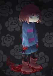 Rule 34 | 1other, :/, androgynous, arms at sides, bags under eyes, black background, black eyes, blood, blood on clothes, blood on hands, blood trail, blue shorts, blue sweater, boots, brown hair, chiyo maru, commentary request, dripping, flowey (undertale), frisk (undertale), highres, hunched over, long sleeves, looking ahead, narrowed eyes, nervous sweating, pale skin, pantyhose, pink sweater, pool of blood, recurring image, red footwear, short eyebrows, short hair, shorts, signature, solo, striped clothes, striped sweater, sweat, sweater, two-tone sweater, undertale, v-shaped eyebrows