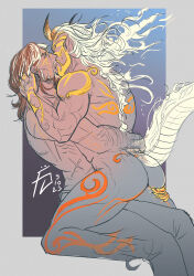 Rule 34 | 2boys, ass, bara, beard, brown hair, cassidy (overwatch), closed eyes, clothed male nude male, completely nude, couple, dark-skinned male, dark skin, dragon boy, dragon horns, dragon tail, facial hair, feet out of frame, fiery hair, from side, fuge oni666, glowing tattoo, hand in another&#039;s hair, hanzo (overwatch), highres, horns, kiss, limited palette, long hair, male focus, mature male, multiple boys, muscular, muscular male, mustache, nude, official alternate costume, official alternate hairstyle, onryo hanzo, overwatch, short hair, straddling, tail, thick eyebrows, upright straddle, yaoi
