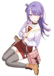 Rule 34 | 1girl, bad id, bad pixiv id, bag, black choker, blush, boots, breasts, brown footwear, choker, collarbone, dress, fang, grey thighhighs, hair between eyes, jacket, lloule, long hair, long sleeves, looking at viewer, one side up, original, parted lips, purple eyes, purple hair, red dress, shoulder bag, simple background, sitting, small breasts, solo, thighhighs, wariza, white background, white jacket, zettai ryouiki