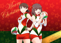 Rule 34 | adapted costume, ball, brown eyes, brown hair, closed mouth, commentary, cursive, dated, elbow pads, english text, girls und panzer, green shirt, hand on own hip, highres, holding, holding ball, kawanishi shinobu, kondou taeko, looking at viewer, medium hair, merry christmas, open mouth, red background, red shorts, satou yasu, shirt, short shorts, shorts, side-by-side, single vertical stripe, sleeveless, sleeveless shirt, smile, sportswear, text background, twitter username, volleyball, volleyball (object), volleyball uniform, wristband