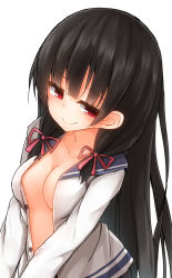 Rule 34 | 10s, 1girl, black hair, breasts, cleavage, collarbone, hair ribbon, isokaze (kancolle), kantai collection, long hair, looking at viewer, mizushina minato, open clothes, open shirt, red eyes, ribbon, school uniform, serafuku, shirt, simple background, smile, solo, white background