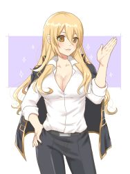 Rule 34 | 1girl, bad id, bad pixiv id, belt, black belt, black pants, blonde hair, breasts, brown eyes, character request, cleavage, collarbone, collared shirt, contrapposto, cowboy shot, dress shirt, gintama, hair between eyes, hand on own hip, long hair, looking at viewer, medium breasts, oshage (osyage921), pants, parted lips, shinsengumi (gintama), shirt, smile, solo, standing, very long hair, white background, white shirt, wing collar