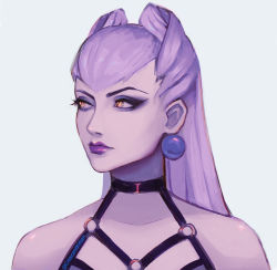 Rule 34 | 1girl, bare shoulders, crescentkitten, demon girl, earrings, evelynn (league of legends), eyeliner, highres, jewelry, league of legends, lipstick, long hair, looking to the side, makeup, open clothes, silver hair, solo, the baddest evelynn, yellow eyes