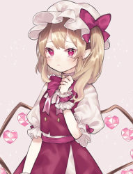 Rule 34 | 1girl, :&lt;, alternate color, beige background, blonde hair, blush, bow, bowtie, buttons, closed mouth, commentary, cowboy shot, crystal, expressionless, flandre scarlet, frilled cuffs, frilled sleeves, frills, hand up, hat, hat bow, heart, heart in eye, highres, looking at viewer, medium hair, mob cap, one side up, pink wings, pointy ears, puffy short sleeves, puffy sleeves, red bow, red bowtie, red eyes, red shirt, red skirt, red vest, shirt, short sleeves, sidelocks, simple background, skirt, slit pupils, solo, sparks, symbol in eye, touhou, vest, white shirt, wings, wrist cuffs, youtan