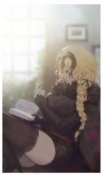 Rule 34 | bad id, bad pixiv id, black dress, black gloves, book, braid, breasts, capelet, coffee, coffee mug, cup, dress, fate/grand order, fate (series), fur trim, gloves, headpiece, highres, holding, holding book, hoshimawa, jeanne d&#039;arc (fate), jeanne d&#039;arc (ruler) (fate), jeanne d&#039;arc alter (avenger) (fate), jeanne d&#039;arc alter (fate), leather belt, long hair, mug, reading, red eyes, silver hair, single braid, sitting, solo, thighhighs, thighs