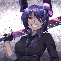 Rule 34 | 1girl, beni (bluebluesky), black gloves, black sweater, cardigan, casual, checkered clothes, checkered necktie, commentary request, dress shirt, eyepatch, glaive (polearm), gloves, grey shirt, grin, halo, headgear, highres, holding, holding sword, holding weapon, kantai collection, long sleeves, looking at viewer, loose necktie, mechanical halo, necktie, partial commentary, partially fingerless gloves, polearm, purple hair, sharp teeth, shirt, short hair, sleeves rolled up, smile, solo, sweater, sword, teeth, tenryuu (kancolle), upper body, weapon, wing collar, yellow eyes