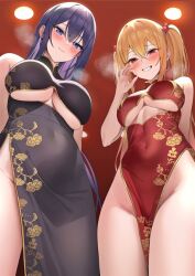 Rule 34 | 2girls, arm behind back, arms behind back, biya (1024), blonde hair, blue eyes, blush, borrowed character, breasts, breath, ceiling light, china dress, chinese clothes, clothing cutout, comiket 101, commentary request, covered navel, crossed bangs, dress, earrings, fellatio gesture, floral print, from below, gold trim, grin, groin, hair between eyes, hair ornament, jewelry, large breasts, long hair, looking at viewer, looking down, medium breasts, multiple girls, no panties, original, pelvic curtain, purple hair, rose print, sayuri (k pring), side slit, smile, straight hair, taut clothes, taut dress, thighs, twintails, underboob, underboob cutout, very long hair, yuna (biya (1024))