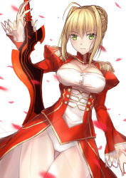 Rule 34 | 10s, 1girl, aestus estus, ahoge, arm at side, blush, breasts, cleavage, cleavage cutout, clothing cutout, cowboy shot, dress, epaulettes, fate/extra, fate (series), gluteal fold, green eyes, hand up, holding, holding sword, holding weapon, juliet sleeves, large breasts, light smile, long sleeves, looking at viewer, luzi, motion blur, navel, nero claudius (fate), nero claudius (fate) (all), nero claudius (fate/extra), petals, puffy sleeves, red dress, see-through, short hair, sidelocks, simple background, solo, standing, sword, thigh gap, thighs, waist cape, weapon, white background
