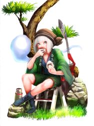 Rule 34 | 1girl, alternate costume, axe r18, black footwear, blue eyes, blue shirt, blunt bangs, boots, chair, clothes writing, crossed ankles, drinking, faux figurine, floating, folding chair, food, full body, grass, green shorts, head scarf, hitodama, holding, holding food, jacket, knee boots, konpaku youmu, konpaku youmu (ghost), long sleeves, looking at viewer, onigiri, open clothes, open jacket, rock, shirt, shorts, silver hair, simple background, sitting, solo, thermos, touhou, tree, white background, wide sleeves