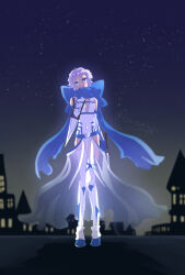 Rule 34 | 1girl, blue eyes, blue footwear, blue gloves, blue scarf, breasts, building, cape, closed mouth, commentary request, covered navel, dagger, elbow gloves, expressionless, flowery peko, full body, gloves, guillotine cross (ragnarok online), head tilt, jamadhar, knife, looking at viewer, night, official alternate costume, outdoors, ragnarok online, scarf, shadow, shoes, short bangs, short hair, sky, small breasts, solo, standing, star (sky), starry sky, thighhighs, two-tone gloves, waist cape, weapon, white background, white cape, white gloves, white hair, white thighhighs