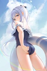 Rule 34 | 1girl, absurdres, adjusting clothes, ass, blue archive, blue eyes, blue one-piece swimsuit, cloud, floating hair, frills, from behind, from below, halo, highres, holding, holding swim ring, innertube, long hair, looking back, looking down, miyako (blue archive), miyako (swimsuit) (blue archive), one-piece swimsuit, ponytail, sidelocks, sky, solo, sprygon, swim ring, swimsuit, thighs, wedgie, white hair