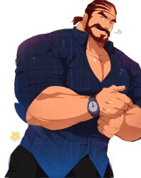 Rule 34 | 1boy, adjusting clothes, bara, beard, bulge, collarbone, commission, cowboy shot, dark-skinned male, dark skin, earrings, facial hair, grin, heart, highres, jewelry, large pectorals, leoandaslan (leobongnana), looking at viewer, male focus, mature male, medium hair, muscular, muscular male, original, partially unbuttoned, pectoral cleavage, pectorals, ponytail, smile, solo, thick mustache
