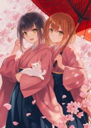 Rule 34 | 2girls, :d, animal, black hair, braid, brown hair, carrying, cat, check copyright, cherry blossoms, copyright request, expressionless, flower, hakama, highres, holding, holding hands, japanese clothes, long sleeves, looking at viewer, multiple girls, oil-paper umbrella, open mouth, original, petals, pink flower, short hair, smile, umbrella, white cat, wide sleeves, yashiro seika, yellow eyes