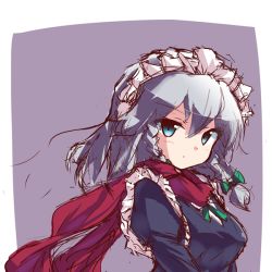 Rule 34 | 1girl, blue dress, blue eyes, blush, border, bow, braid, breasts, dress, green bow, grey background, hair between eyes, hair bow, izayoi sakuya, looking at viewer, maid headdress, red scarf, ryogo, scarf, short hair, silver hair, simple background, solo, embodiment of scarlet devil, touhou, twin braids, upper body