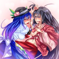 Rule 34 | 2girls, angry, bad id, bad pixiv id, black hair, blue hair, breasts, catfight, clenched teeth, dress, fang, female focus, fighting, food, fruit, grabbing another&#039;s hair, hat, heart, highres, hinanawi tenshi, houraisan kaguya, long hair, medium breasts, midriff, mouth pull, multiple girls, open mouth, peach, pinching, red eyes, ribbon, ruuto (sorufu), skirt, tears, teeth, touhou, very long hair, wide sleeves