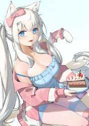 Rule 34 | 1girl, :d, absurdres, animal ear fluff, animal ears, blue dress, blue eyes, bow, breasts, cake, cake slice, cat ears, cat girl, cat tail, chucolala, cleavage, dress, food, frilled dress, frills, hair bow, hair ornament, hairclip, highres, holding, holding plate, j.xh, jacket, large breasts, long hair, long sleeves, looking at viewer, off shoulder, open clothes, open jacket, open mouth, pink bow, pink jacket, plate, puffy long sleeves, puffy sleeves, shirayuki aria, single thighhigh, sitting, smile, solo, strap slip, strawberry shortcake, striped clothes, striped thighhighs, tail, tail garter, thighhighs, twintails, very long hair, virtual youtuber, white hair