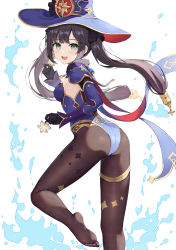 Rule 34 | 1girl, :d, absurdres, ass, black gloves, black hair, blue hat, blue leotard, breasts, brown pantyhose, cape, detached sleeves, feet, floating hair, from behind, genshin impact, gloves, gold trim, green eyes, hair ribbon, hat, highleg, highleg leotard, highres, hokori sakuni, holding, leotard, long hair, long sleeves, looking at viewer, looking back, mona (genshin impact), mushroom, no shoes, open mouth, pantyhose, ribbon, small breasts, smile, solo, strapless, strapless leotard, thighlet, thighs, twintails, water, white background, witch hat