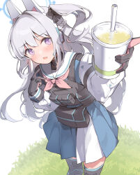 Rule 34 | 1girl, ammunition pouch, animal ears, black thighhighs, black vest, blue archive, blue halo, blue shirt, blue skirt, blush, braid, bulletproof vest, commentary, cropped legs, cup, dot nose, drink, drinking straw, earpiece, fake animal ears, french braid, from above, grass, hair between eyes, hair intakes, halo, hand up, highres, holding, holding drink, leaning forward, long hair, long sleeves, looking up, miya kazutomo, miyako (blue archive), neckerchief, one side up, open mouth, pink neckerchief, pleated skirt, pouch, purple eyes, rabbit ears, sailor collar, shirt, skirt, solo, standing, thighhighs, turtleneck, vest, white background, white sailor collar, white sleeves