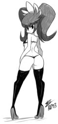 Rule 34 | 1girl, ashley (warioware), ass, big hair, bigdead, bikini, boots, breasts, butt crack, eyebrows, from behind, full body, greyscale, high heel boots, high heels, highres, long hair, long legs, looking back, micro bikini, monochrome, nintendo, aged up, simple background, sketch, small breasts, solo, swimsuit, thick eyebrows, thigh boots, thighhighs, thong, thong bikini, twintails, underboob, warioware