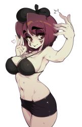 Rule 34 | 1girl, absurdres, beret, black hat, breasts, cleavage, closed mouth, facial mark, hat, heart, highres, large breasts, looking at viewer, mime, navel, original, red eyes, red hair, short hair, simple background, slugbox, solo, sweat, v, white background