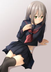 Rule 34 | 1girl, arm support, black sailor collar, black serafuku, black shirt, black skirt, black thighhighs, blush, brown hair, clothes pull, commentary request, feet out of frame, green eyes, grey background, hair between eyes, hand up, highres, long sleeves, looking at viewer, neckerchief, original, panties, pleated skirt, red neckerchief, sailor collar, school uniform, serafuku, shibacha, shirt, skirt, skirt pull, solo, thighhighs, underwear, white panties