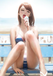 Rule 34 | 1girl, arm at side, arm support, arm up, bare arms, bare legs, bare shoulders, beach, bench, bikini, black eyes, blue bikini, blurry, blurry background, breasts, brown hair, cleavage, day, food, head tilt, holding, holding food, horizon, ice cream, ice cream cone, legs up, long hair, long legs, looking at viewer, medium breasts, melting, mujiha, no legwear, ocean, open mouth, original, outdoors, parted bangs, reflection, round teeth, sandals, shadow, shore, sitting, sky, solo, squinting, summer, swimsuit, tan, tanline, teeth, tongue, upper body