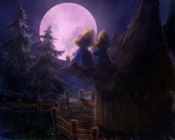 Rule 34 | 00s, 28886mr, 2boys, anniversary, child, commentary, dark, father and son, final fantasy, final fantasy ix, from behind, gloves, gradient background, grass, hand on headwear, hat, hut, moon, moonlight, multiple boys, night, scenery, sky, tree, twitter username, vivi ornitier, witch hat
