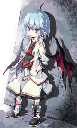 Rule 34 | 1girl, ascot, bat wings, blue hair, commentary request, hands in pockets, jacket, noya makoto, open clothes, open jacket, open mouth, pink eyes, pointy ears, remilia scarlet, shirt, skirt, solo, touhou, waiting, wall, wings