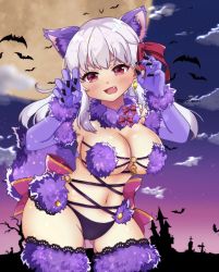 Rule 34 | 1girl, animal ears, bare shoulders, bat (animal), blush, breasts, claw pose, cleavage, cosplay, earrings, elbow gloves, fate/grand order, fate (series), full moon, fur-trimmed gloves, fur-trimmed legwear, fur collar, fur trim, gloves, gradient sky, hair ribbon, halloween costume, highres, jewelry, kama (fate), lace, lace-trimmed legwear, lace trim, large breasts, long hair, looking at viewer, mash kyrielight, mash kyrielight (dangerous beast), mash kyrielight (dangerous beast) (cosplay), moon, navel, night, night sky, o-ring, official alternate costume, open mouth, popo (popopuri), purple gloves, purple sky, purple thighhighs, red eyes, red ribbon, revealing clothes, ribbon, silver hair, sky, smile, tail, thighhighs, thighs, wolf ears, wolf tail
