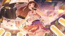Rule 34 | 1girl, bare arms, bare shoulders, belt, belt buckle, blush, bow, breasts, brown hair, buckle, center frills, cloud, commentary request, cropped vest, floating hair, frilled shirt, frilled skirt, frills, from below, glowstick, hair ornament, hairclip, highres, holding, holding microphone, hololive, light rays, long hair, microphone, multicolored clothes, multicolored skirt, music, narumi nanami, outstretched arm, pink vest, pocket watch, purple eyes, round teeth, screen, see-through, shirt, singing, skirt, smile, solo, stage, star (symbol), sun, sunbeam, sunlight, teeth, thighs, tokino sora, tokino sora (old design), upper teeth only, vest, virtual youtuber, watch, white bow, white legwear, white shirt