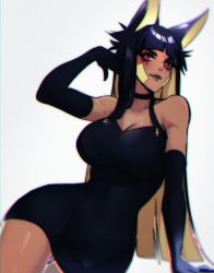 Rule 34 | 1girl, absurdres, animal ears, anput (nsfwolf), bandaid, bandaid on cheek, bandaid on face, black dress, black hair, black lips, blonde hair, blunt ends, breasts, colored inner hair, commentary, curvy, dark-skinned female, dark skin, dress, elbow gloves, english commentary, gloves, highres, jackal ears, large breasts, long hair, multicolored hair, nsfwolf, original, reclining, red eyes, scar, scar across eye, scar on face, short dress, sidelighting, solo, thighs, two-tone hair, white background