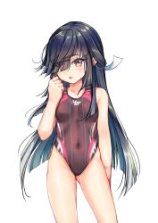 Rule 34 | 1girl, absurdres, black hair, breasts, competition swimsuit, covered navel, cowboy shot, dress, hayashimo (kancolle), highres, kantai collection, looking at viewer, multicolored clothes, multicolored swimsuit, one-piece swimsuit, one eye covered, open mouth, pleated dress, purple one-piece swimsuit, shirt, simple background, small breasts, smile, solo, swimsuit, white shirt, yashin (yasinz)