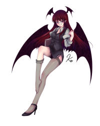 Rule 34 | 1girl, bad id, bad pixiv id, bat wings, bespectacled, demon girl, female focus, garter belt, glasses, head wings, high heels, koakuma, mikazuki sara, naughty face, pink eyes, pointy ears, red hair, shoes, single shoe, solo, embodiment of scarlet devil, thighhighs, tongue, touhou, wings
