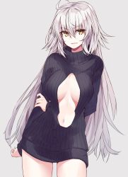 Rule 34 | 1girl, absurdres, ahoge, arms behind back, black sweater, breasts, center opening, fate/grand order, fate (series), grey background, hair between eyes, highres, jeanne d&#039;arc alter (avenger) (fate), jeanne d&#039;arc alter (fate), large breasts, long hair, navel, open mouth, ribbed sweater, shunichi, silver hair, simple background, smile, solo, sweater, thighs, turtleneck, turtleneck sweater, very long hair, yellow eyes