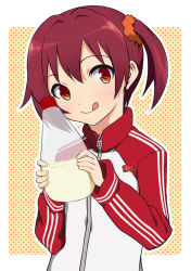 Rule 34 | 1girl, :q, bottle, brown eyes, brown hair, isshiki akane, jacket, mayonnaise, sanya (iposi), scrunchie, short hair, solo, tongue, tongue out, track jacket, twintails, vividred operation