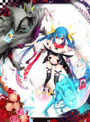 Rule 34 | 1girl, absurdres, arc system works, asymmetrical wings, bare shoulders, black thighhighs, blue hair, bow, breasts, card, cleavage, dizzy (guilty gear), floating card, flower, from above, guilty gear, guilty gear x, guilty gear xx, hair bow, highres, large breasts, long hair, mitu, navel, necro (guilty gear), red eyes, rose, scarf, skull, tail, thighhighs, twintails, underboob, undine (guilty gear), wings