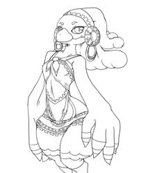 Rule 34 | 1girl, bare shoulders, beak, blush, breasts, closed mouth, earrings, female focus, furry, furry female, greyscale, hairband, hoop earrings, jewelry, jpeg artifacts, light blush, long hair, looking at viewer, midriff, monochrome, nintendo, nousen, saki (zelda), shirt, simple background, sketch, sleeveless, sleeveless shirt, small breasts, solo, standing, the legend of zelda, the legend of zelda: breath of the wild, thick thighs, thighs, white background, wide hips, wings