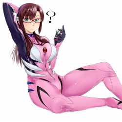 Rule 34 | 00s, 1girl, ?, bad id, bad pixiv id, blue eyes, blush, bodysuit, breasts, brown hair, cellphone, evangelion: 2.0 you can (not) advance, glasses, hairband, icebox, interface headset, large breasts, long hair, makinami mari illustrious, neon genesis evangelion, phone, plugsuit, rebuild of evangelion, simple background, solo, white background