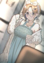 Rule 34 | 1girl, bespectacled, blurry, blurry background, blush, bow hairband, breasts, brown hair, coat, collarbone, cup, depth of field, dress, dutch angle, fur coat, glasses, green dress, hairband, highres, holding, holding cup, ichikawa hinana, idolmaster, idolmaster shiny colors, indoors, medium breasts, parted bangs, sleeveless, sleeveless dress, smile, solo, to mato, white coat