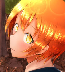 Rule 34 | 1girl, artist name, artist request, collared shirt, female focus, from behind, green eyes, hair between eyes, hoshizora rin, looking at viewer, looking back, love live!, love live! school idol festival, love live! school idol project, masa sevenred, masakazu yamato, masakazu yamato (masa sevenred), orange hair, outdoors, parted lips, shirt, short hair, solo, upper body, yamato masakazu, yellow eyes