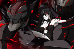 Rule 34 | 10s, 1girl, abyssal ship, bare shoulders, battleship water oni, black hair, breasts, horns, kantai collection, large breasts, long hair, nishi koutarou, pale skin, red eyes, sitting, solo, teeth, tongue, tongue out, upper body