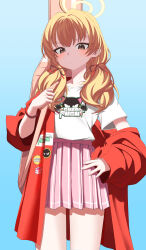 Rule 34 | 1girl, absurdres, blonde hair, blue archive, blush, closed mouth, cowboy shot, halo, highres, jacket, long hair, long sleeves, looking at viewer, low twintails, official alternate costume, open clothes, open jacket, pink skirt, pleated skirt, red jacket, shirt, short sleeves, skirt, solo, twintails, white shirt, wo475712, yellow eyes, yellow halo, yoshimi (band) (blue archive), yoshimi (blue archive)