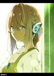 Rule 34 | 1girl, backlighting, blue eyes, braid, brown hair, brown ribbon, character request, closed mouth, commentary request, dress shirt, glowing, hair between eyes, hair ribbon, humagear headphones, kamen rider, kamen rider 01 (series), letterboxed, looking at viewer, looking to the side, ribbon, shirt, solo, translation request, upper body, white shirt, yuuzii