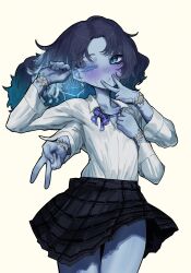 Rule 34 | 1girl, absurdres, blue eyes, blue skin, blush, colored skin, commentary request, ekrea jan, elden ring, extra arms, highres, looking at viewer, monster girl, one eye closed, ranni the witch, school uniform, shirt, skirt, solo, white shirt