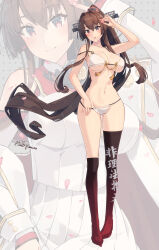 Rule 34 | 1girl, absurdres, bra, breasts, brown eyes, brown hair, cherry blossoms, commentary request, flower, full body, grey background, hair between eyes, hair flower, hair ornament, headgear, highres, himeyamato, kantai collection, large breasts, long hair, multiple views, panties, ponytail, sidelocks, underwear, very long hair, white bra, white panties, yamato (kancolle), yamato kai ni (kancolle), zoom layer