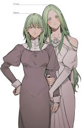 Rule 34 | 2girls, arm hug, blush, breasts, byleth (female) (fire emblem), byleth (fire emblem), closed mouth, dress, female focus, fire emblem, fire emblem: three houses, green eyes, green hair, hair between eyes, hand on own hip, height chart, height difference, highres, ikarin, long hair, long sleeves, matching hair/eyes, multiple girls, nintendo, off shoulder, pointy ears, rhea (fire emblem), simple background, white background, white dress, yuri